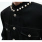 【25s Aug.】Pearl Embellishment Elegant Collarless Loose Denim Jacket / Jeans
