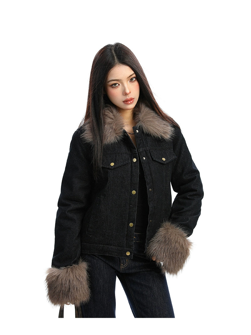 【25s Dec.】Fur-trimmed Denim Cotton Jacket