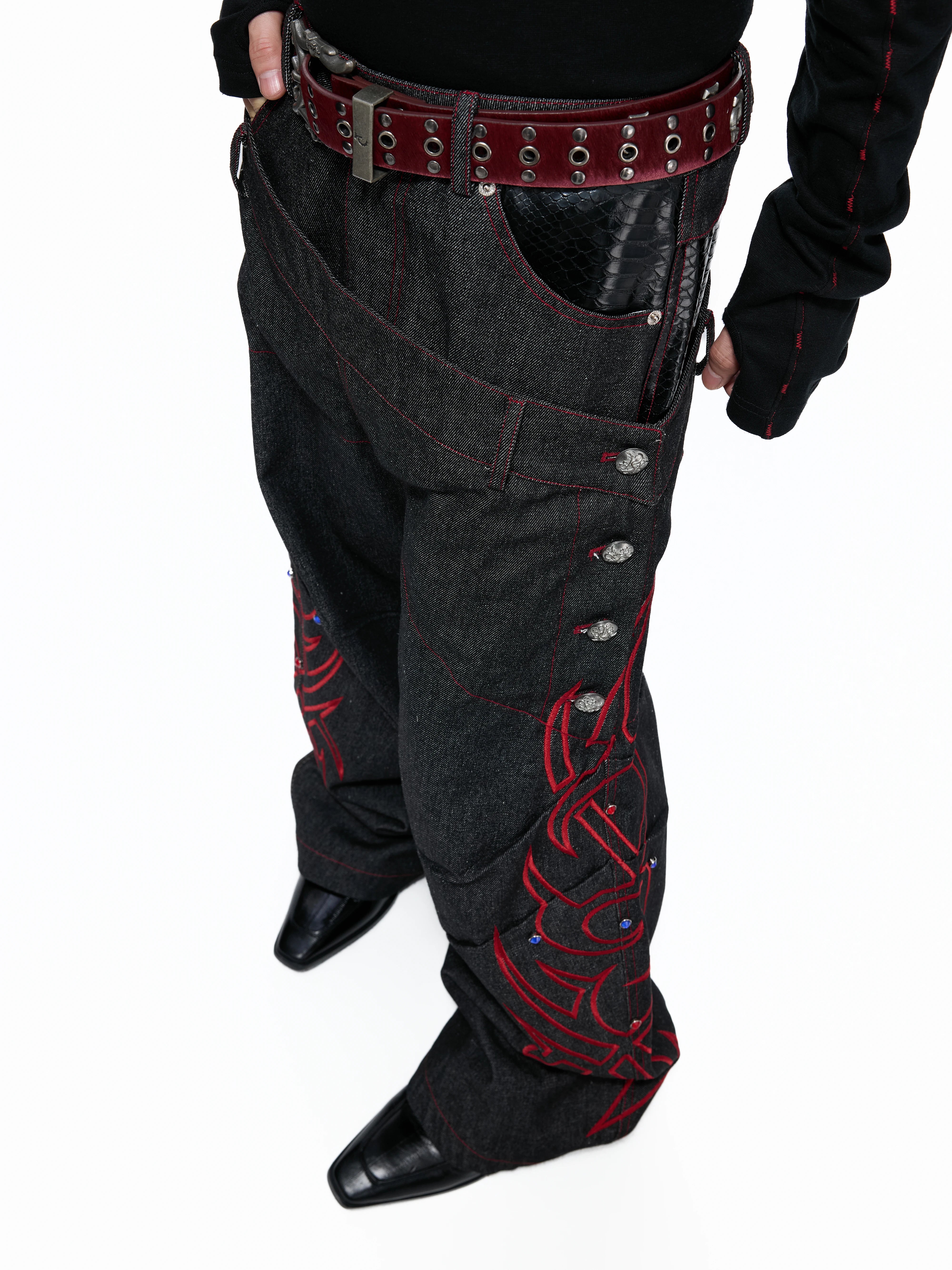 Black Red Raw Denim Embellished Jeans
