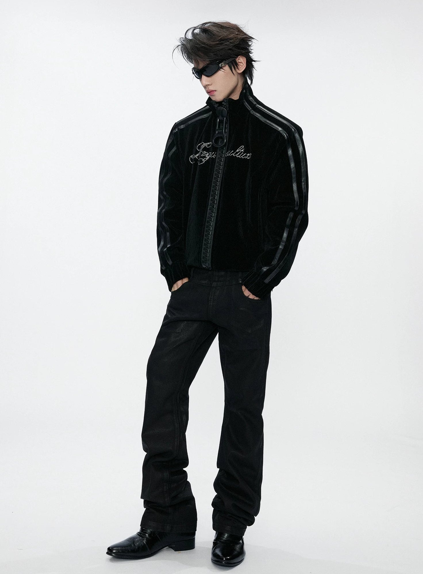 Wave Texture Rhinestone Moto Jacket