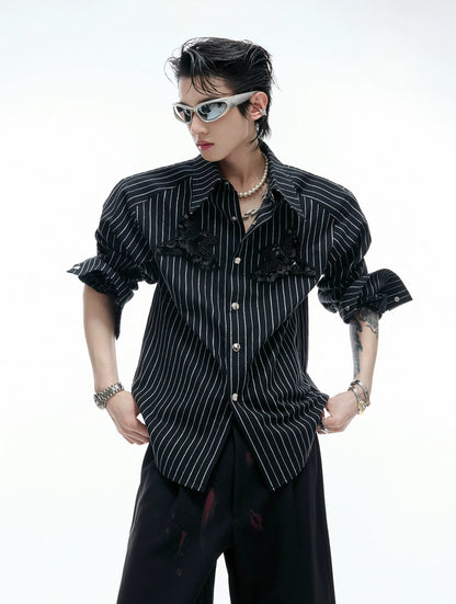 【25s Aug.】Striped Sequin-embroidered Linen Shirt