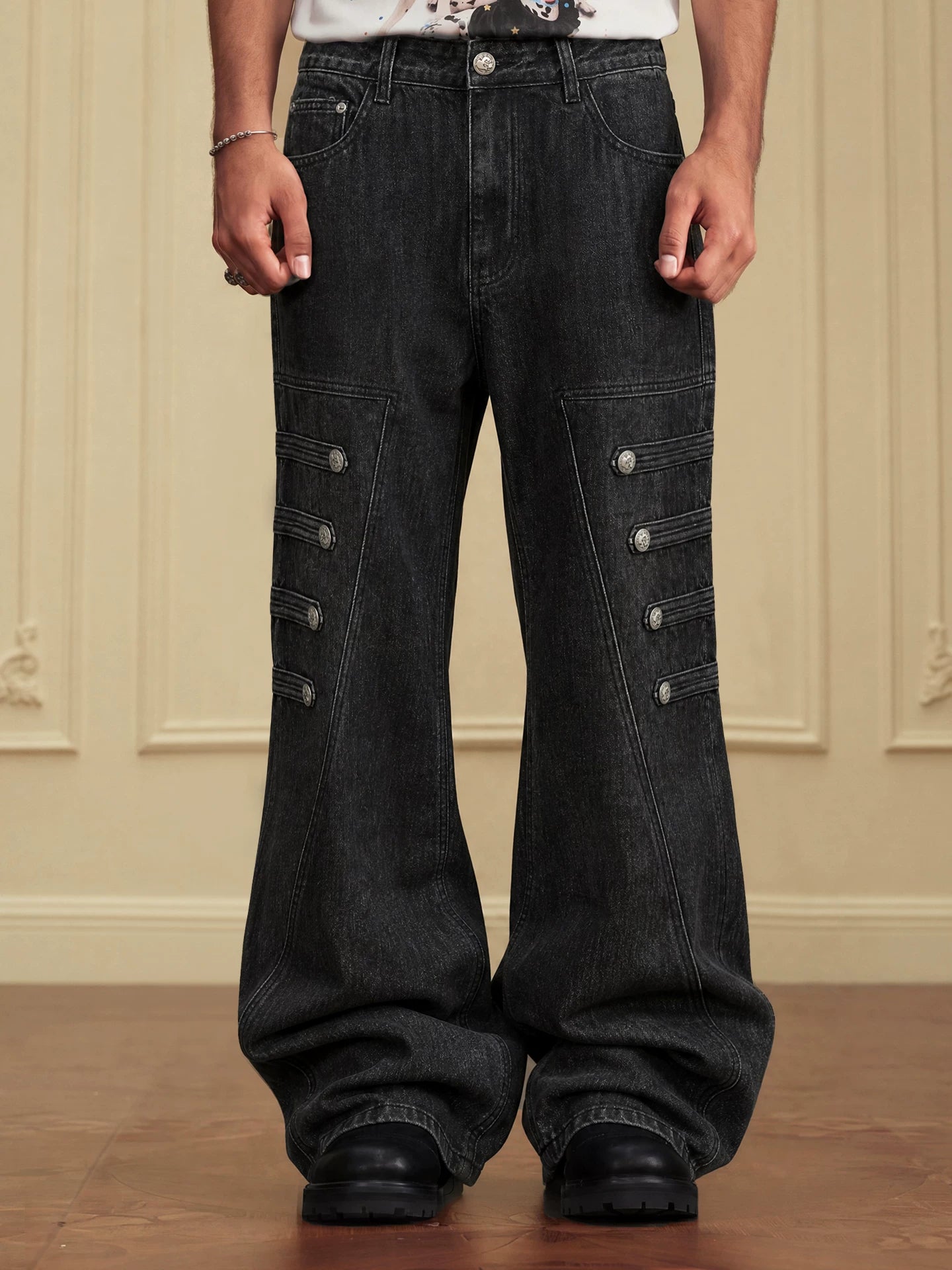 Vintage Washed Wide-Leg Cargo Jeans