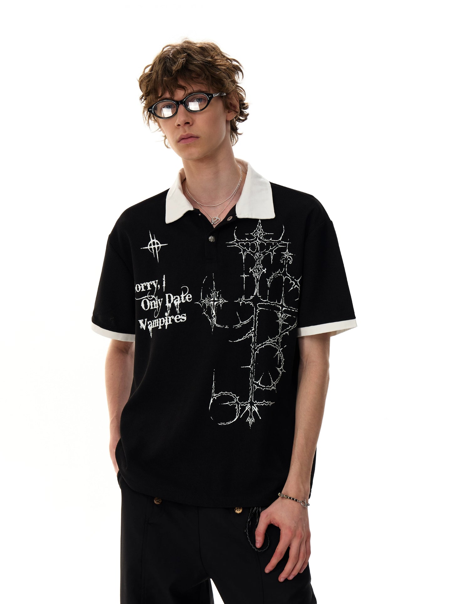 【25s Aug.】Gothic Print Polo Waffle Knit Short Sleeve