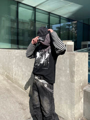 【25s Mar.】Character Print Rock Mock Two Piece Stripe Stitching Top