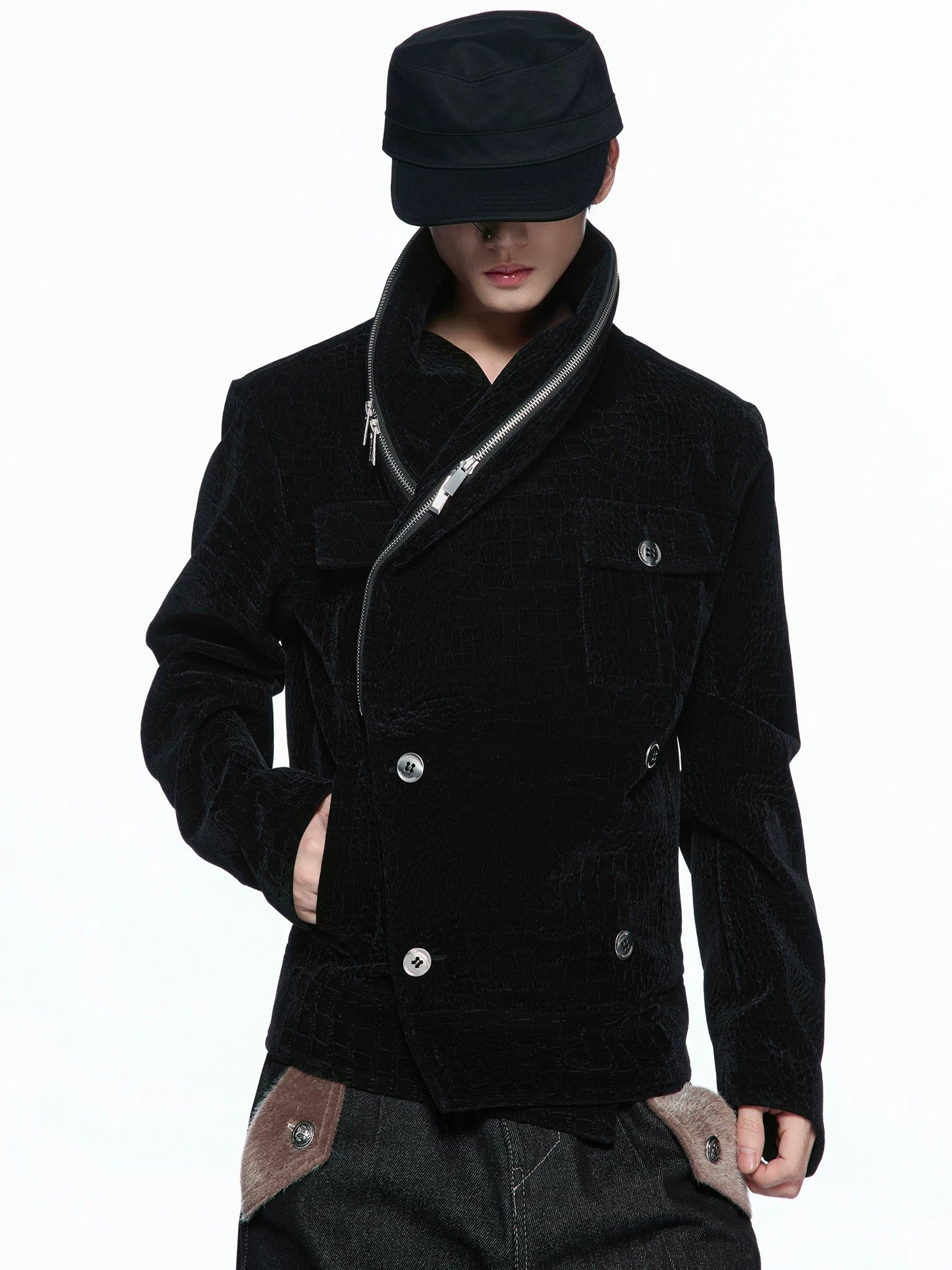 Custom Suede Crocodile Texture Slim Asymmetric Zip Jacket