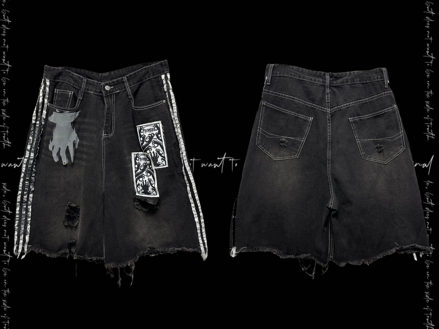 【25s Aug.】Black Striped Distressed Denim Shorts with Patch Details
