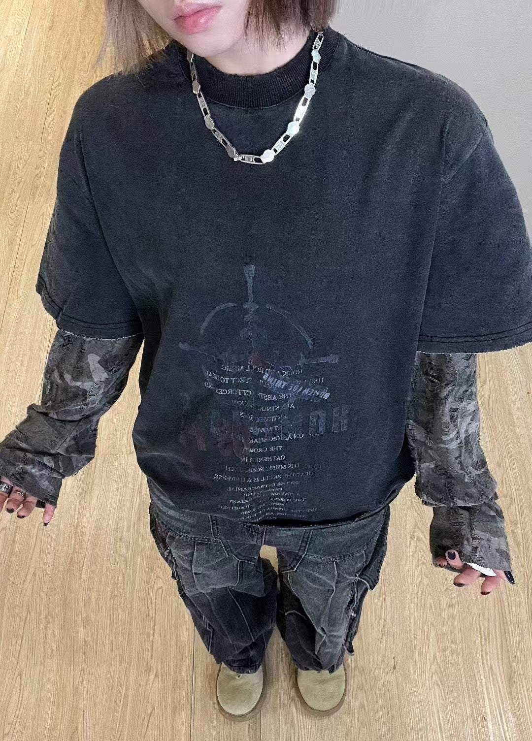 Layered Distressed Washed Long Sleeve Tee
