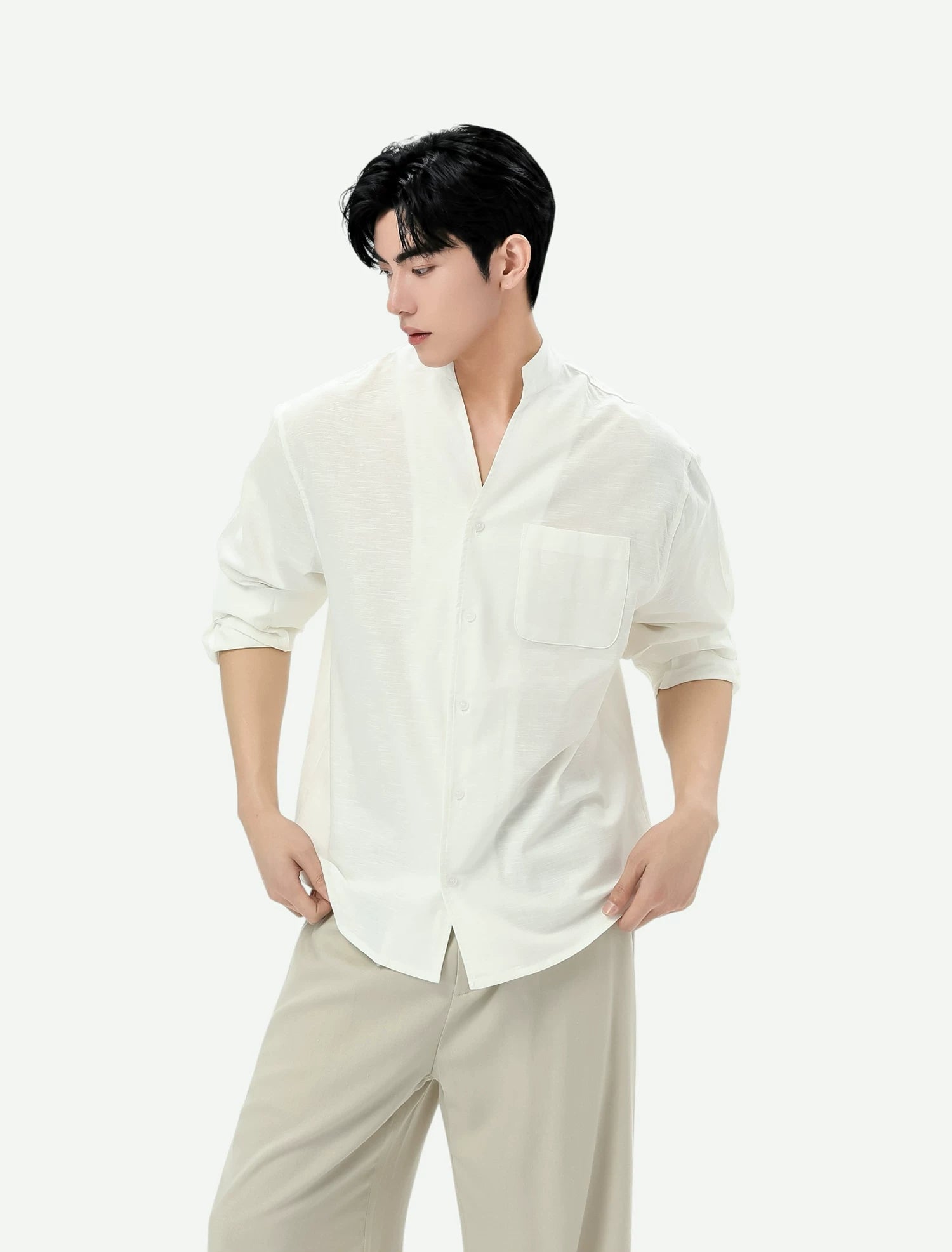 Stand Collar Linen Clean Fit Shirt