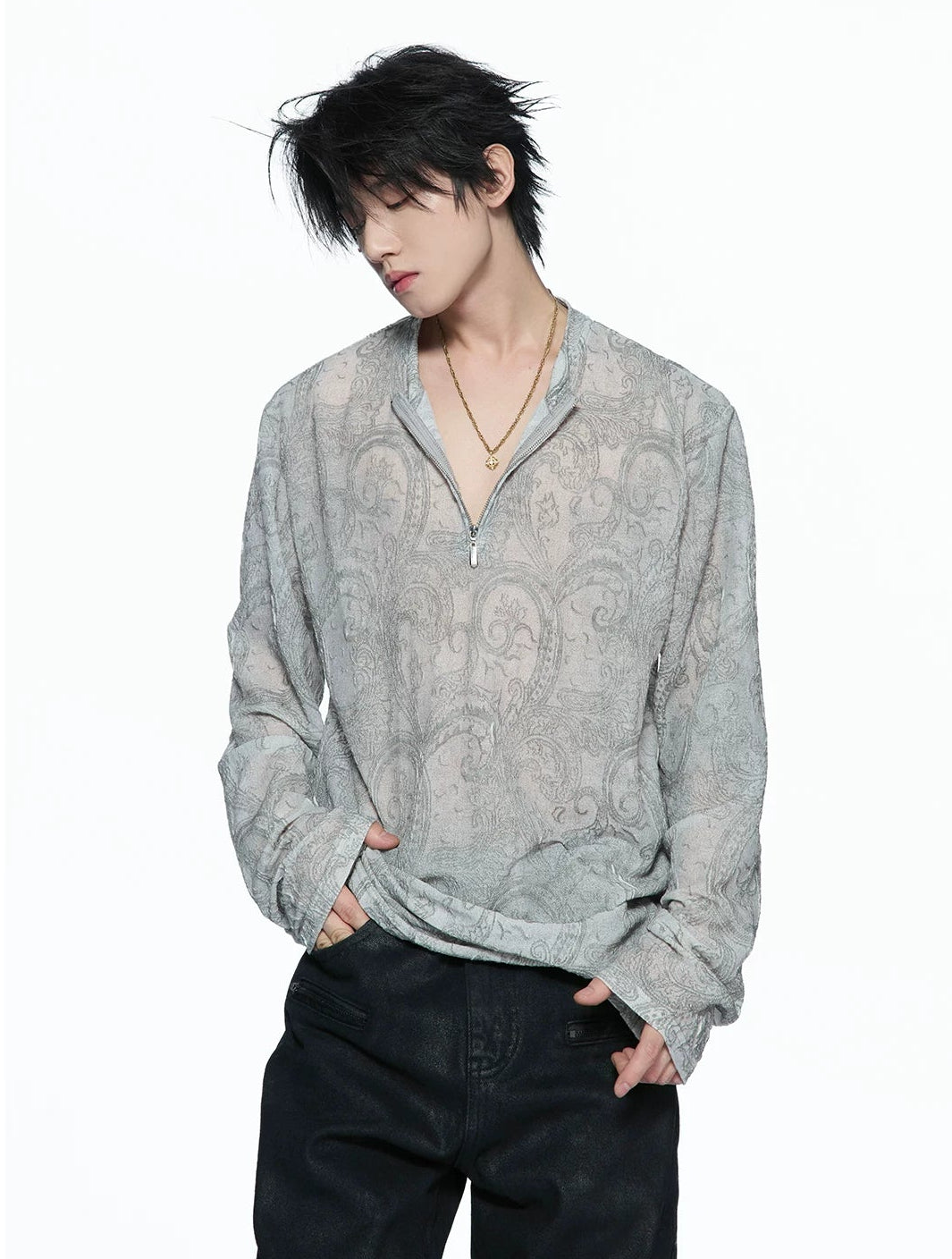 Paisley Totem Half-Zip Floral Mesh Long Sleeve Top