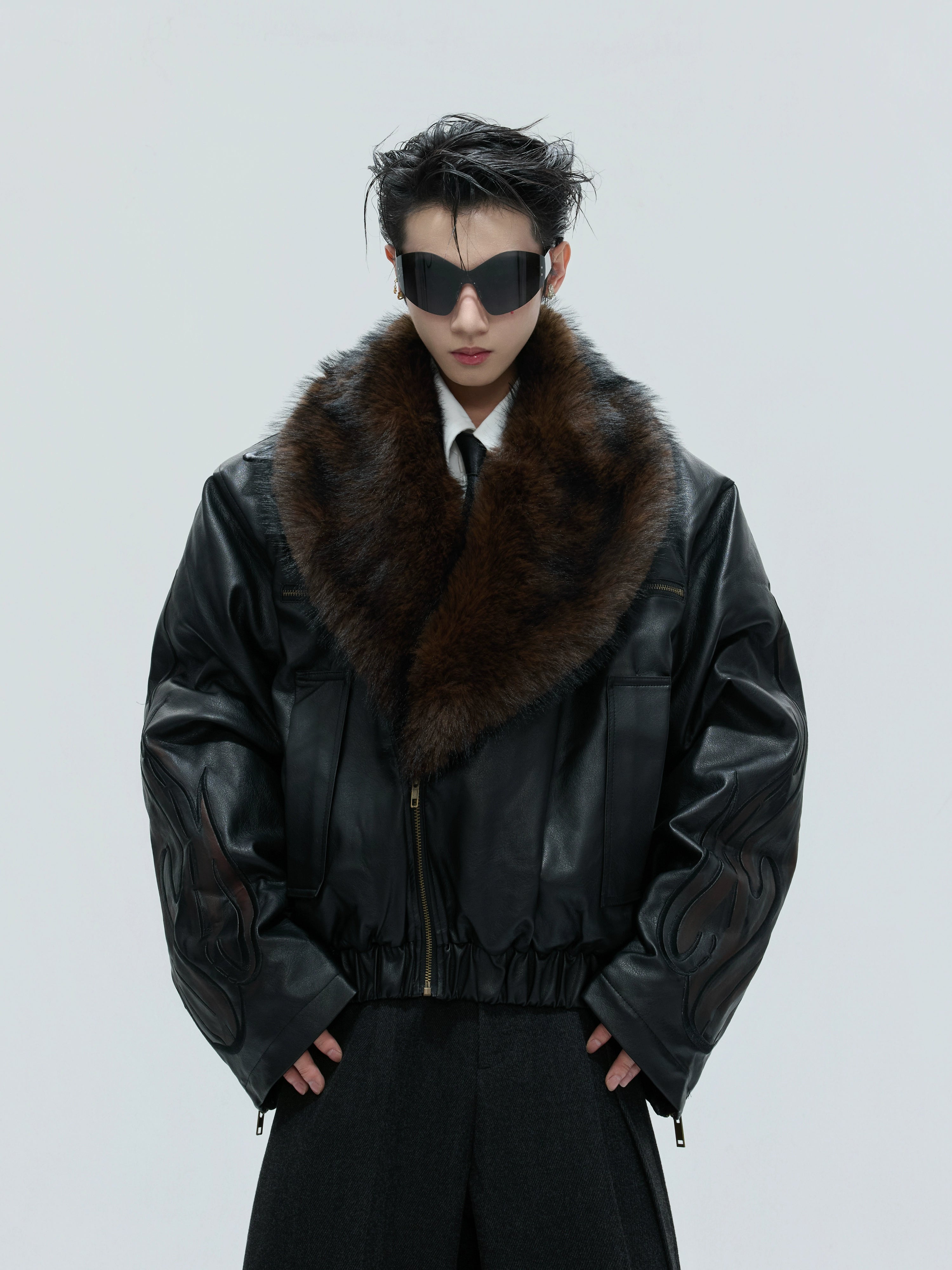 【25s Nov.】Distressed Embossed Detachable Fur Collar Thickened Cotton Coat