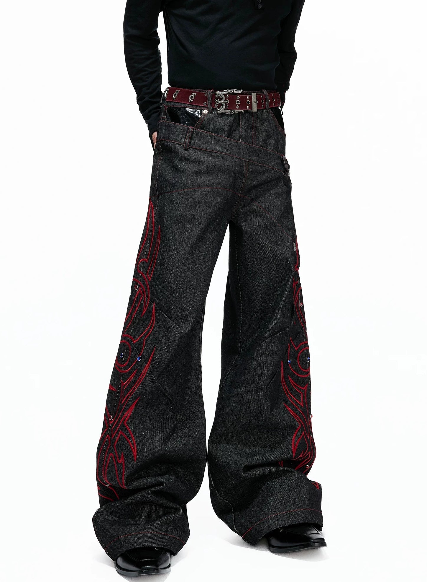 Black Red Raw Denim Embellished Jeans