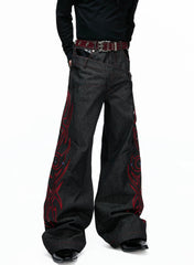 Black Red Raw Denim Embellished Jeans