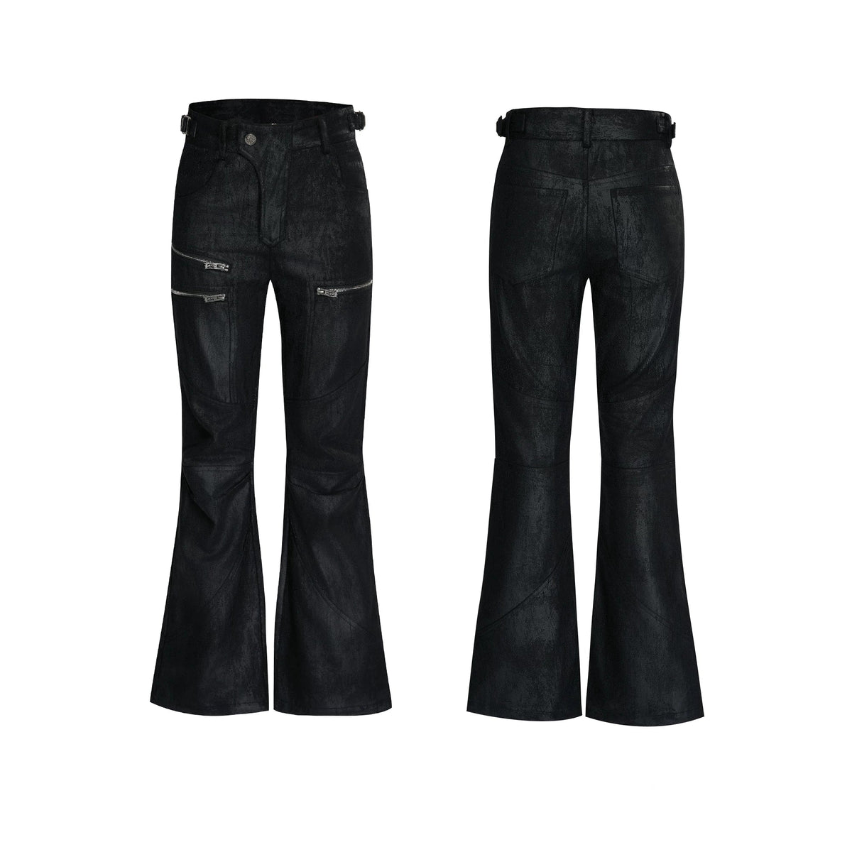 【26s May】Waxed Distressed Zip Panel Straight Denim Pants