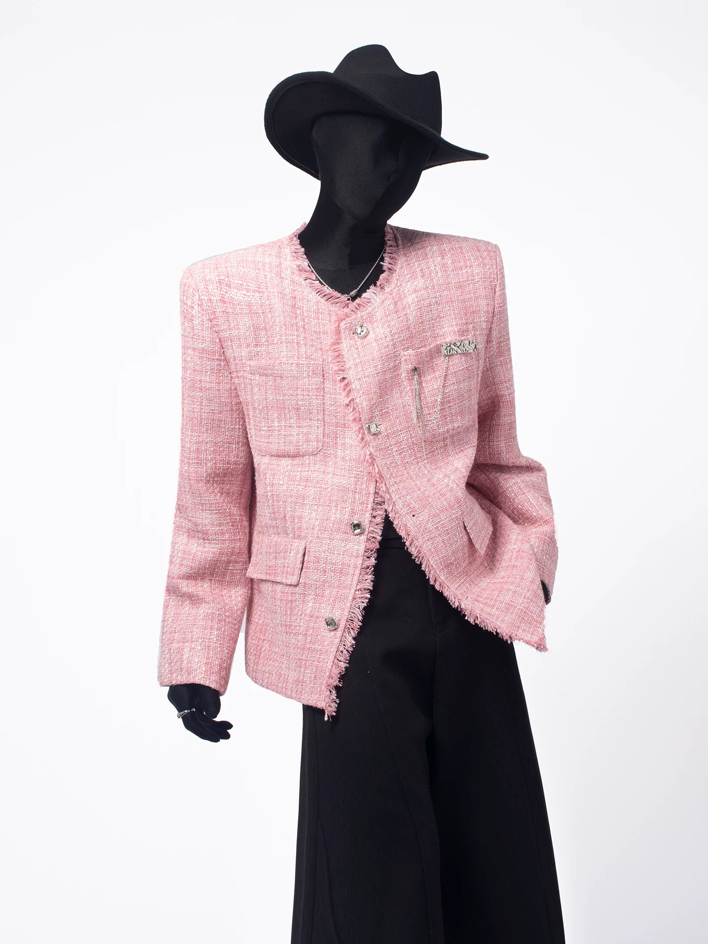 Frayed Trim Cropped Tweed Jacke
