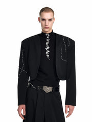 【25s Sep.】Short Rhinestone Collarless Jacket with Padded Shoulders / Trousers