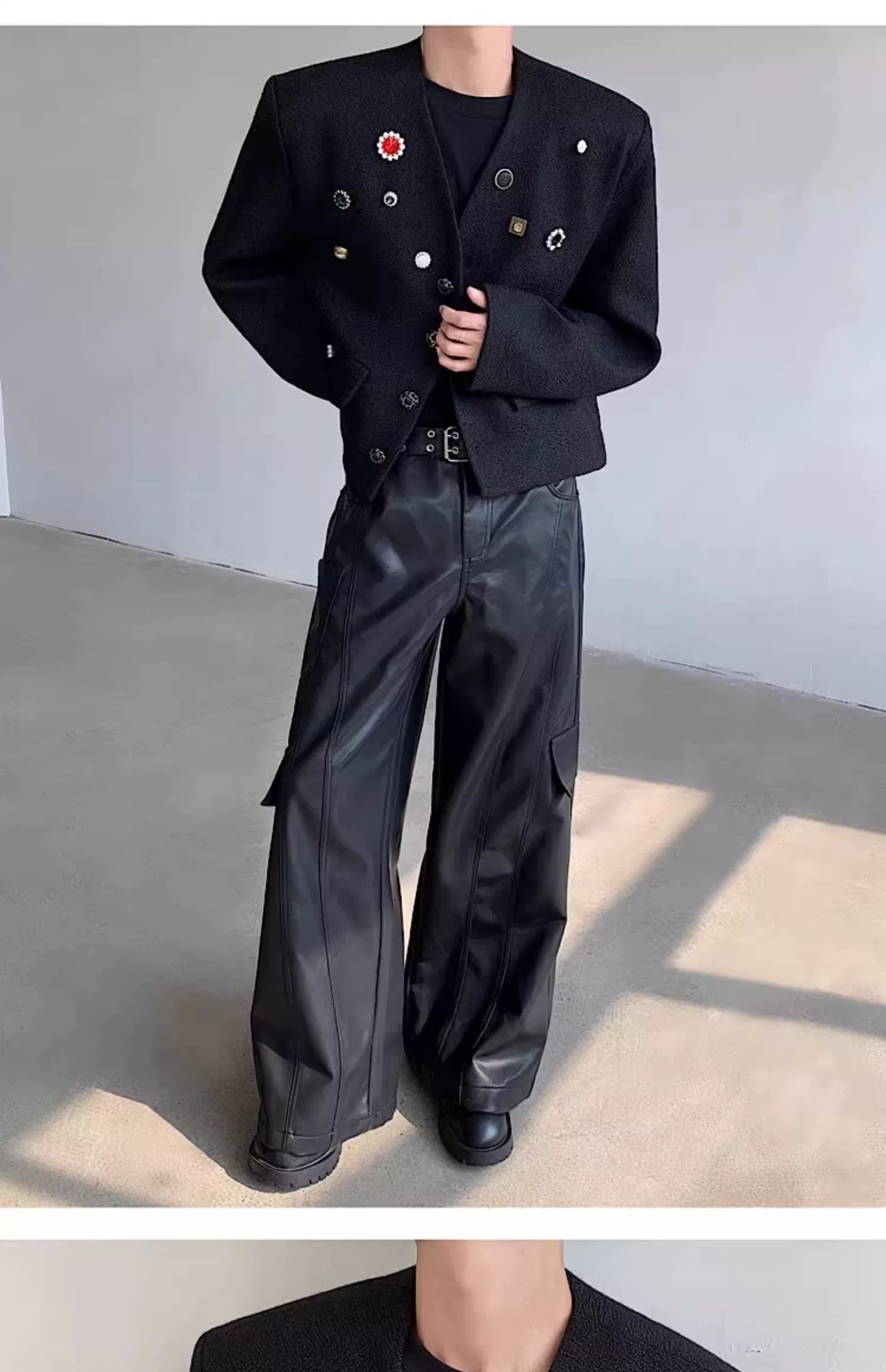 Black Collarless Button-Detail Cropped Jacket