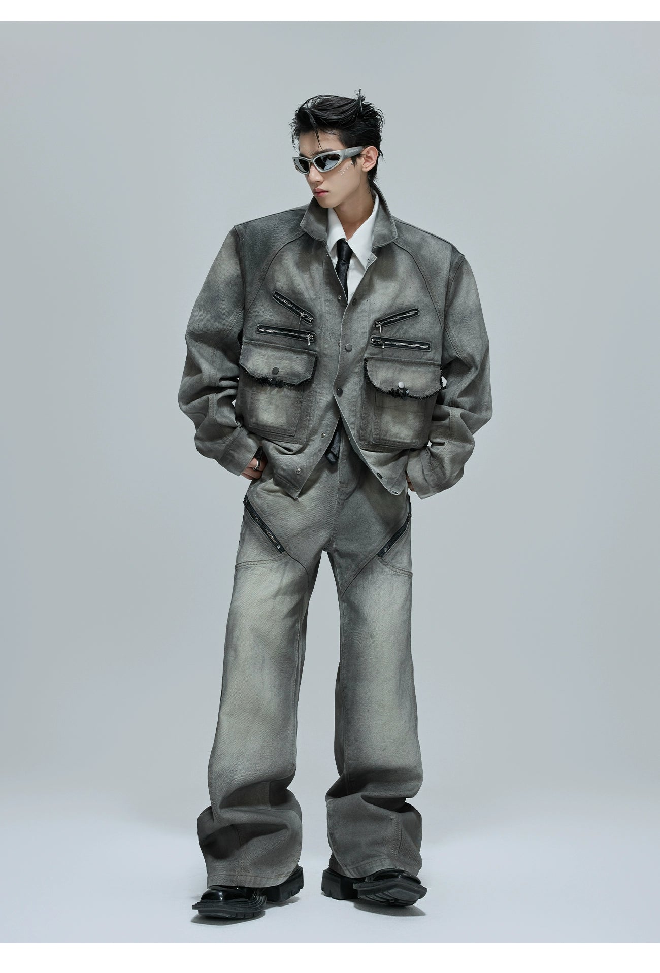 【25s Oct.】Wasteland-style Soft Denim Top/Deconstructed Zippered Flared Pants