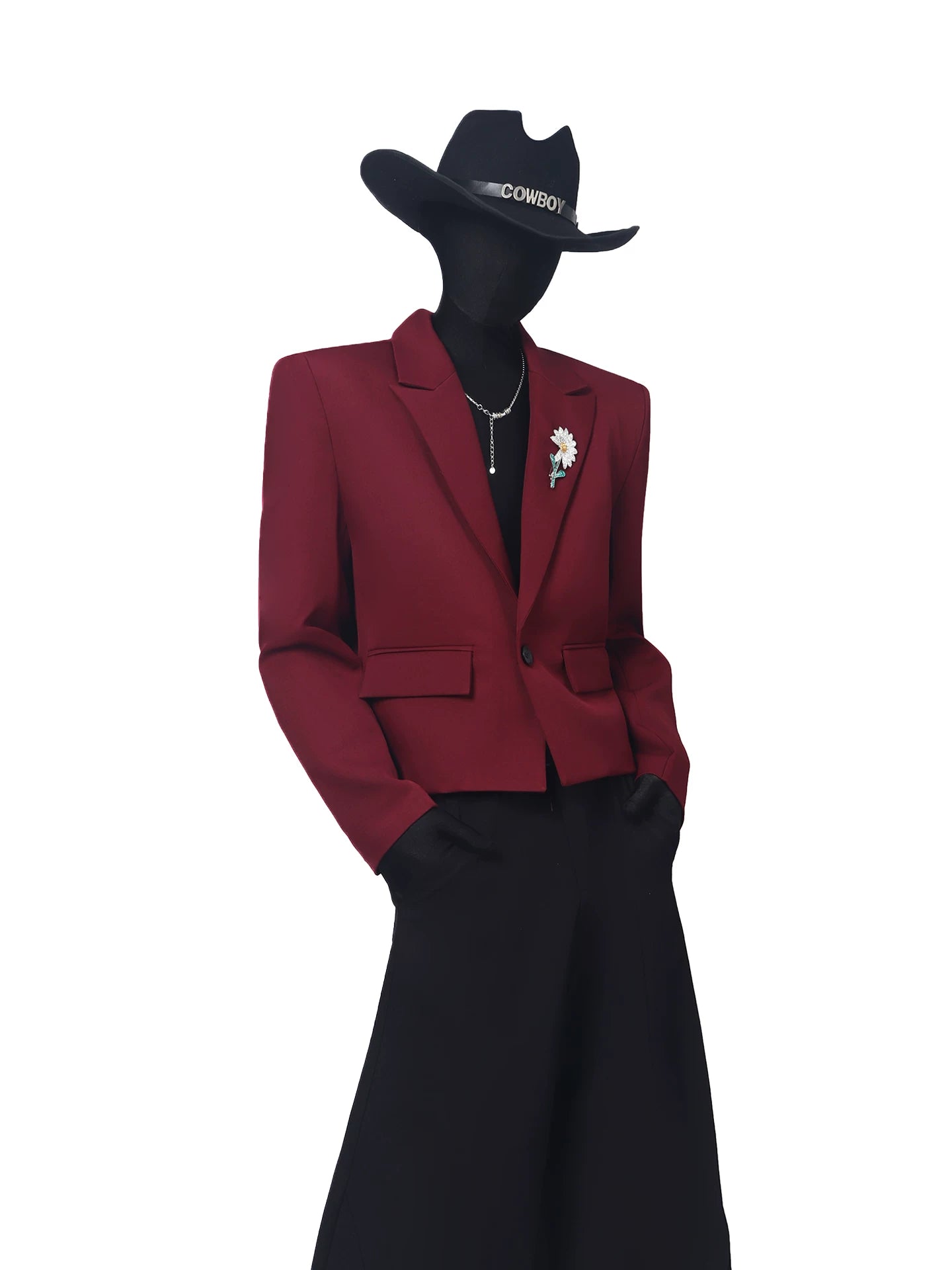 【26s May.】Metal Brooch Cropped Tailored Blazer + Pants