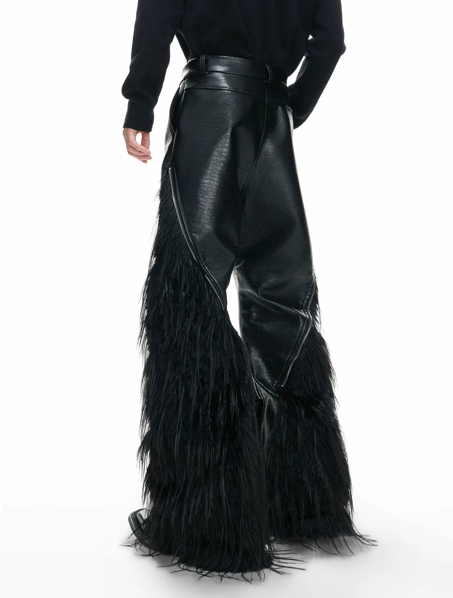 【26s Feb.】Deconstructed Faux Wolf Fur Croc-Embossed Leather Wide-Leg Pants