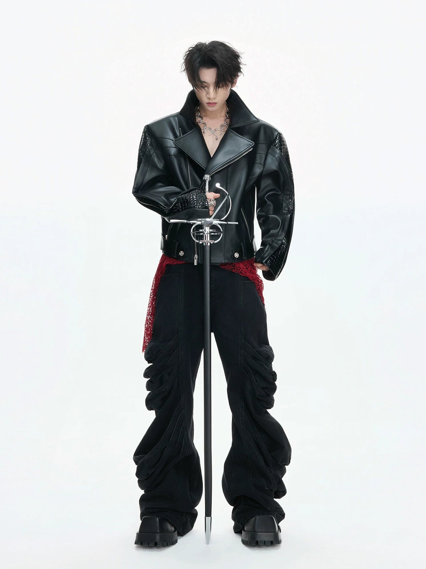 【26s Feb.】Deconstructed Croc-Embossed Asymmetric Zip Leather Jacket