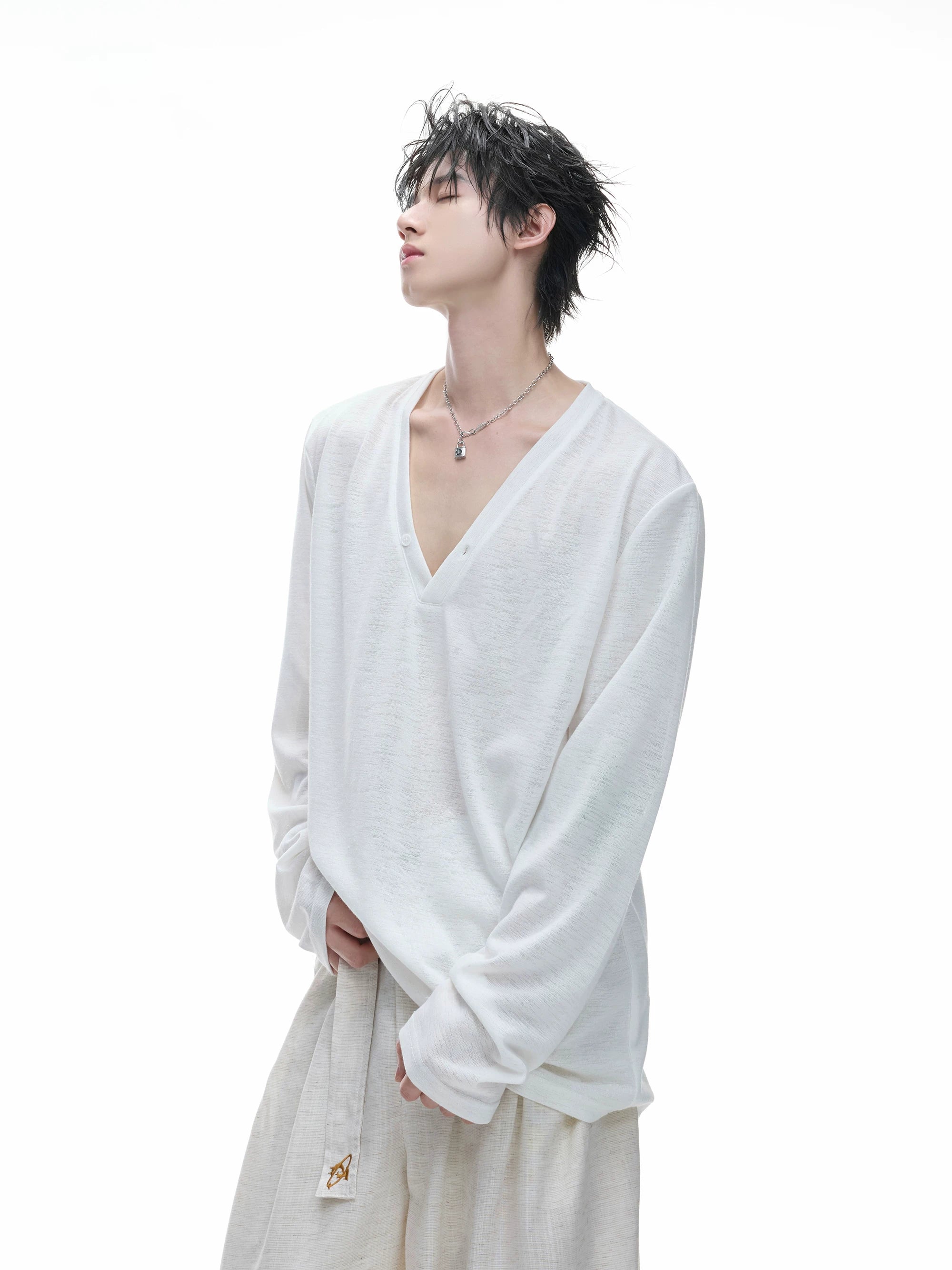 Deep V-Neck Relaxed Long Sleeve Tee
