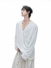 Deep V-Neck Relaxed Long Sleeve Tee