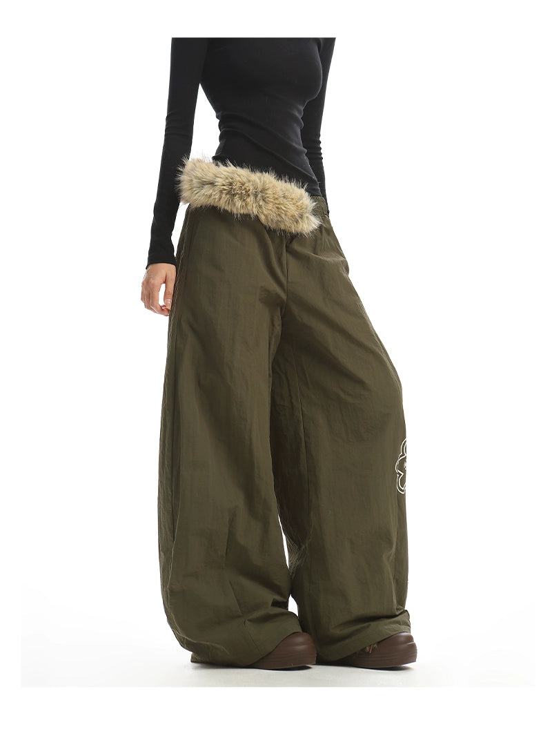 【25s Dec.】Fur Collar Printed Fleece-lined Curved Trousers