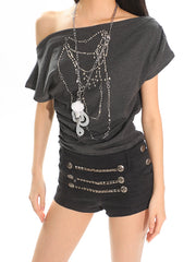 【25s May.】Chain Embellished Rhinestone One-Shoulder Tee