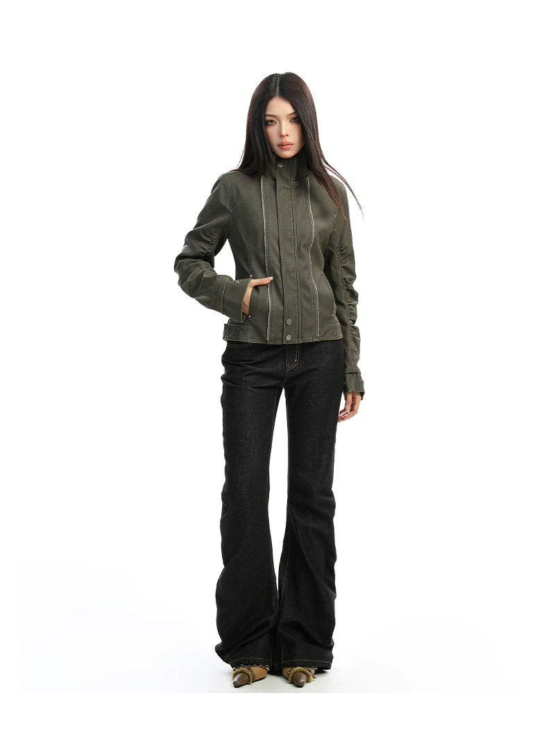 【25s Dec.】Washed Distressed Stand-up Collar Deconstructed Leather Jacket