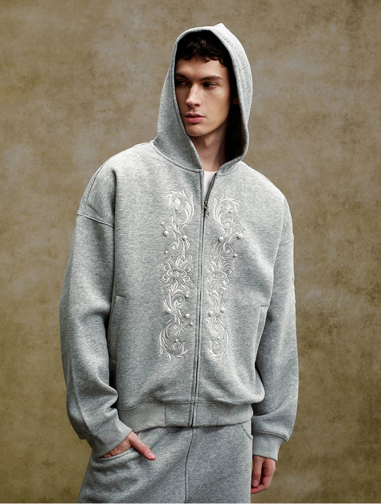 Vintage Embroidered Pearl Zip Hoodie