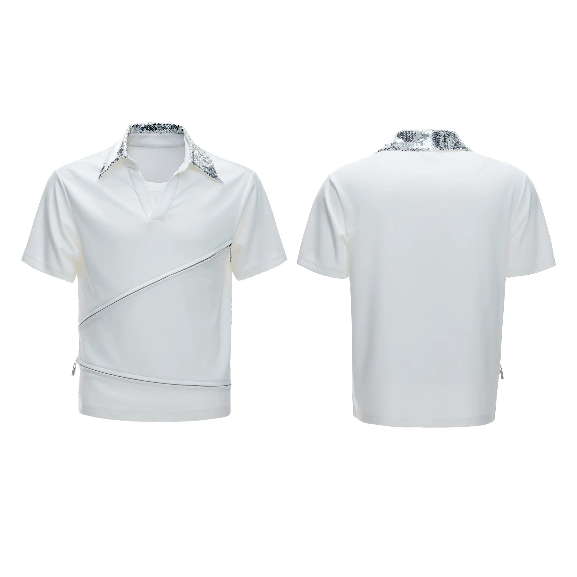 Asymmetric Zip Sequin Polo Tee