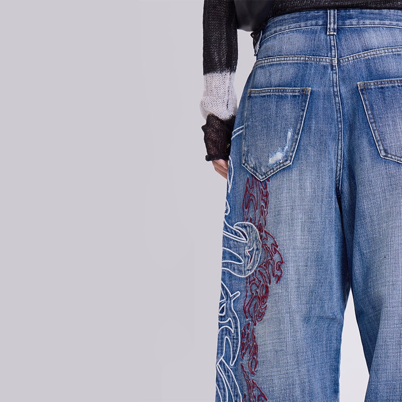 【25s Aug.】Embroidered Totem Mid-Rise Wide-Leg Jeans