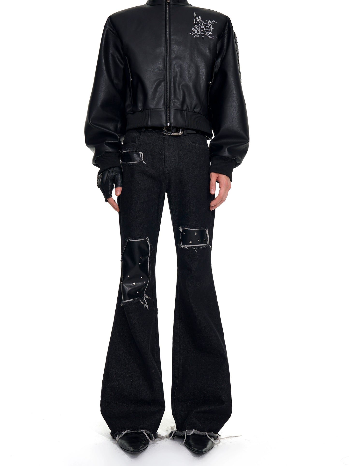 【25s Oct.】Raw-edge Fringed Leather Bootcut Jeans