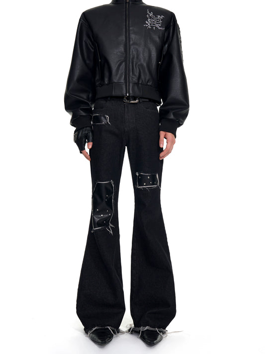 【25s Oct.】Raw-edge Fringed Leather Bootcut Jeans