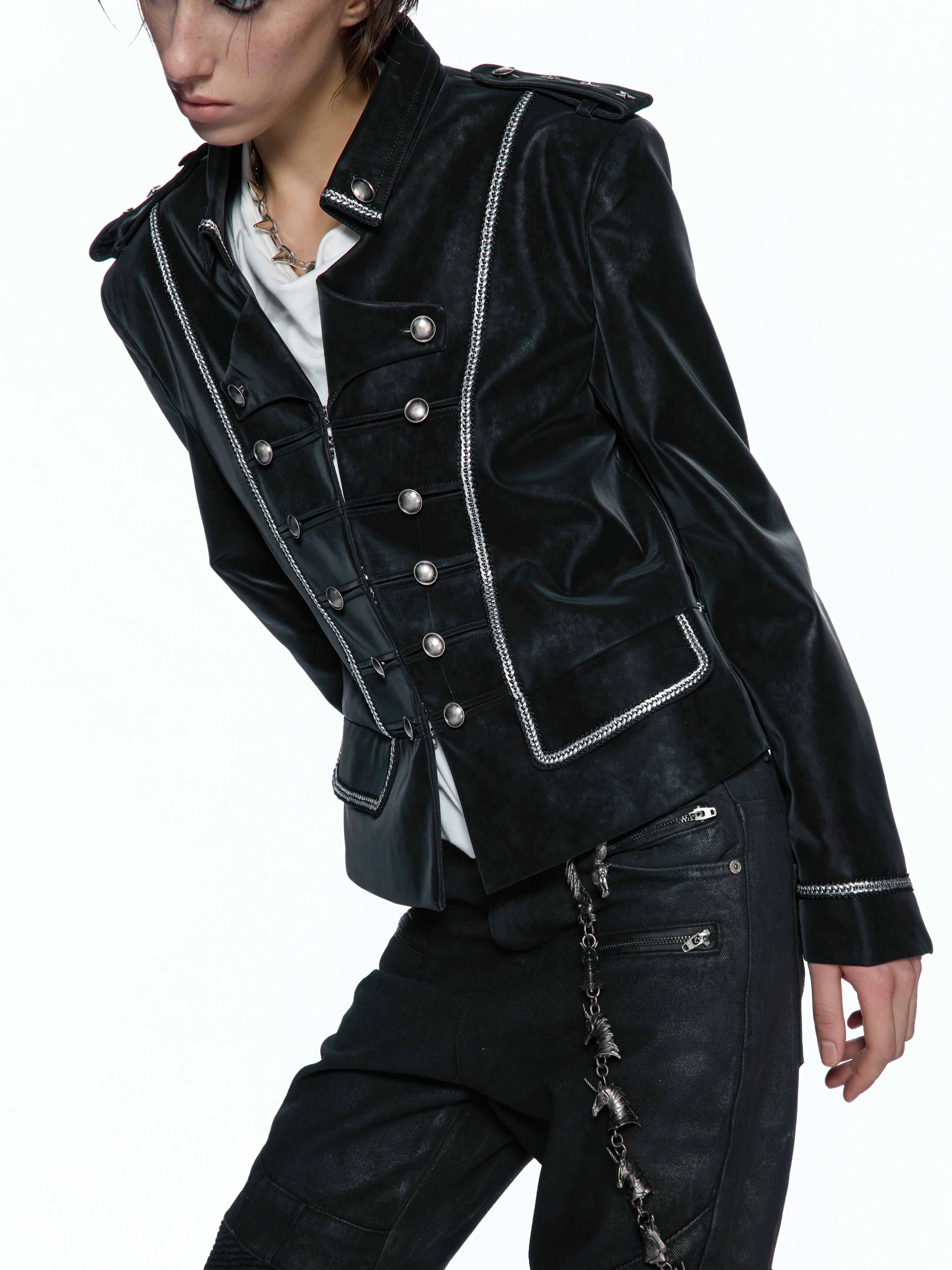 Silver Black Matte Leather Double-Breasted Structured Jacket