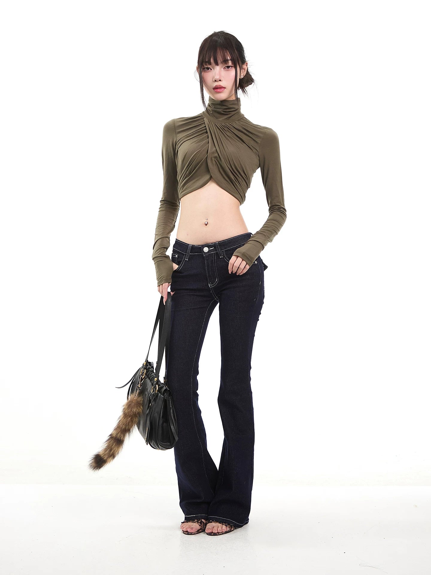 【26s Feb.】Army Green High-Neck Ruched Slim Cropped Top
