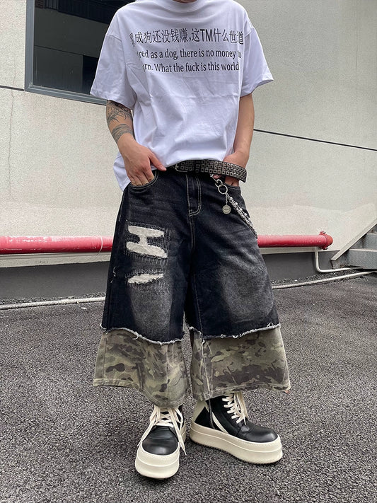 【25s Jun.】Vintage Patchwork Camouflage Denim Capri Pants