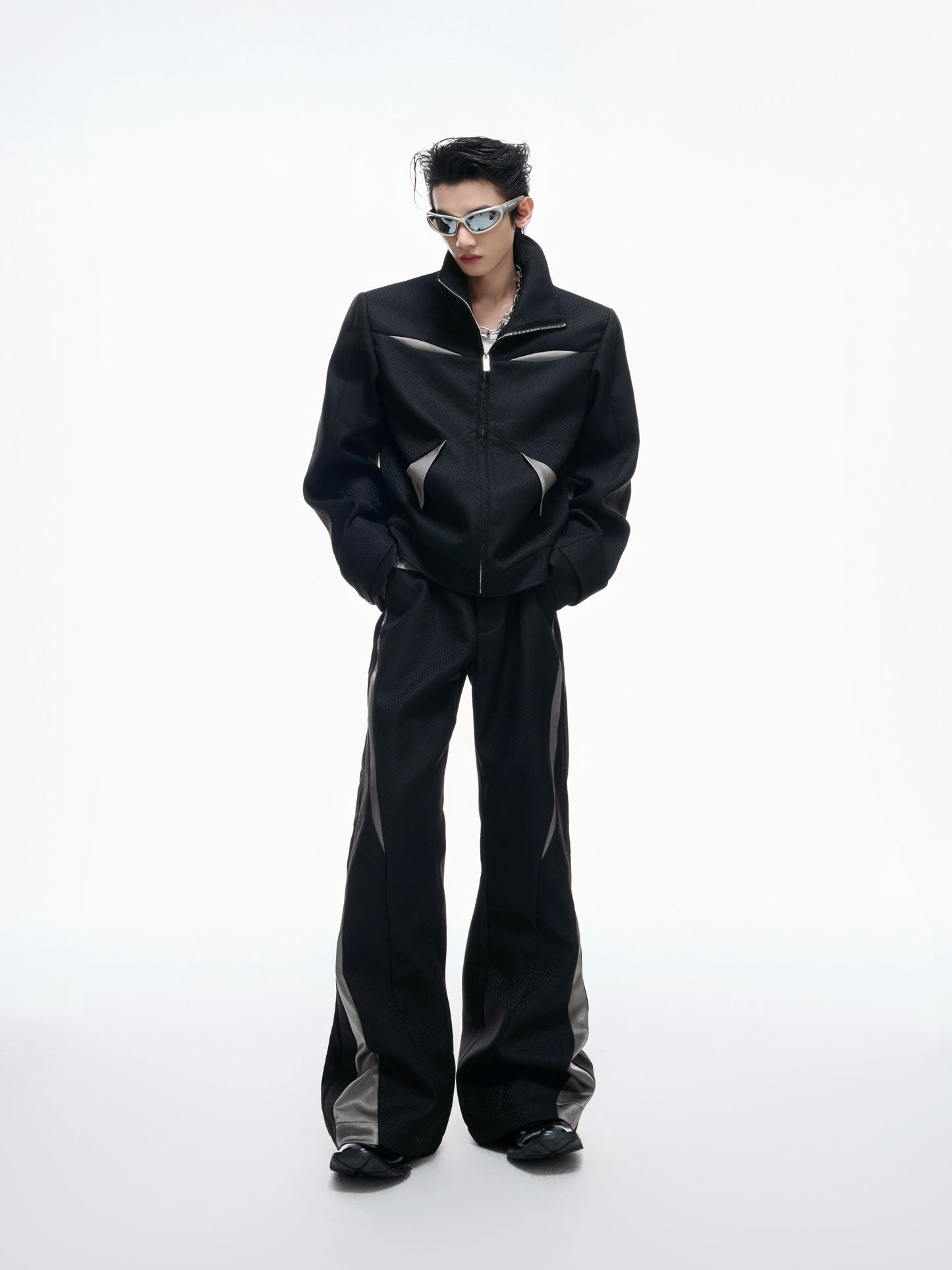 【25s Aug.】Colorblock Patchwork Cropped Jacket and Flared Pants Set