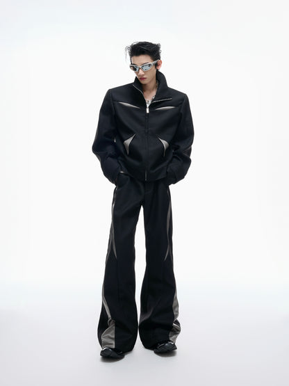 【25s Aug.】Colorblock Patchwork Cropped Jacket and Flared Pants Set