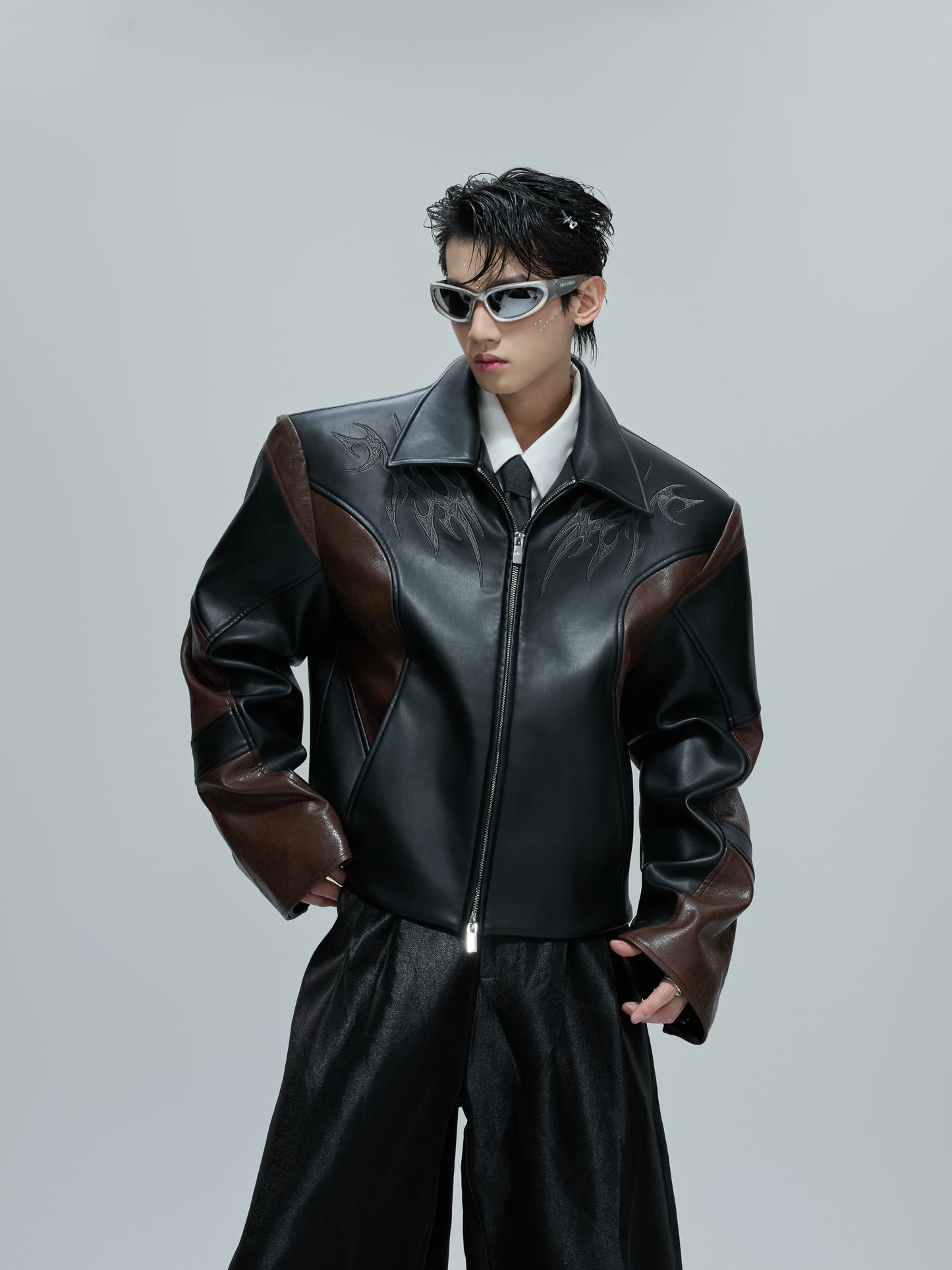 Embroidered Cropped Stand-up Collar Leather Jacket