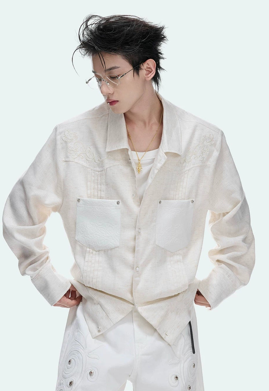 Floral Embroidered Linen Shirt Jacket