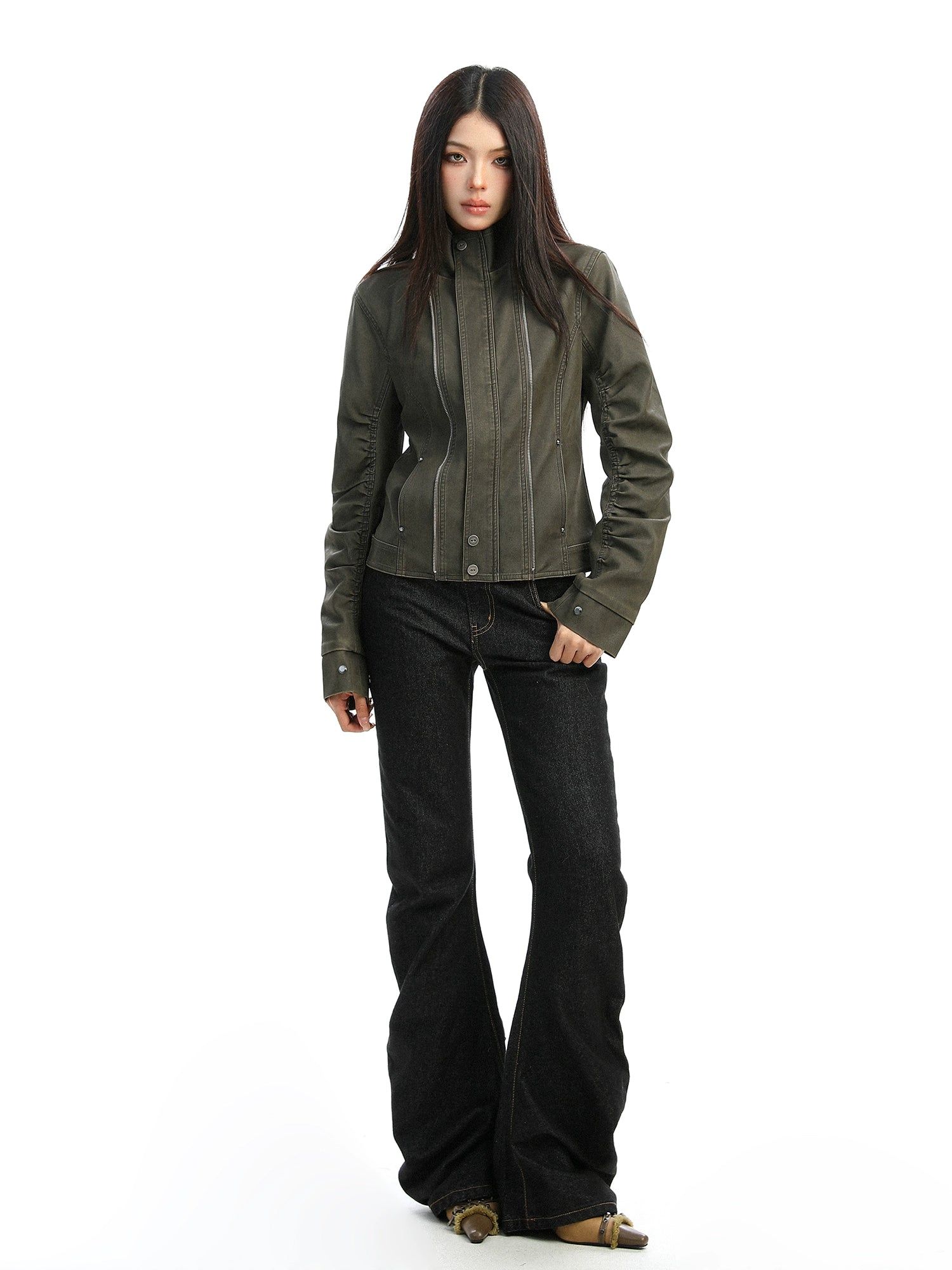 【25s Dec.】Washed Distressed Stand-up Collar Deconstructed Leather Jacket