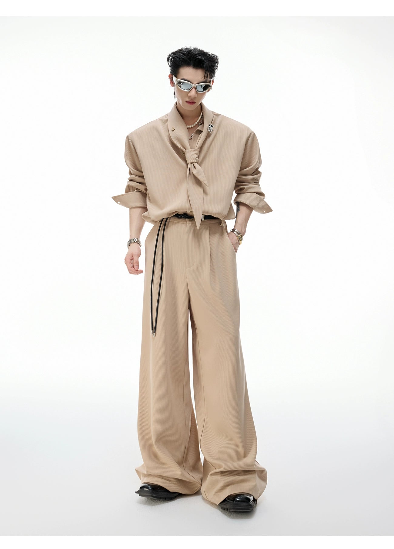 【25s Sep.】Scarf Shoulder Pad Shirt / Drape Wide-leg Pants