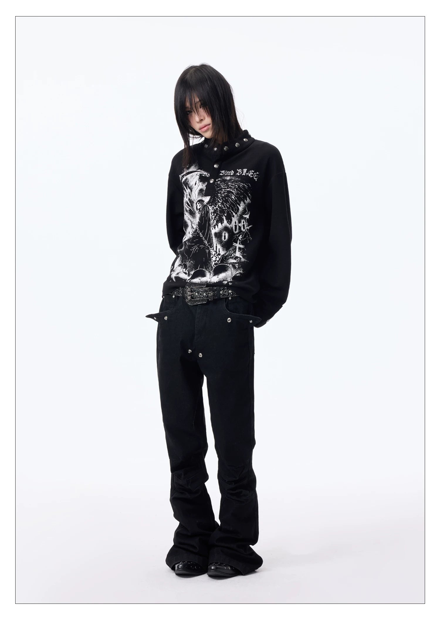 Dark Graphic Button Long Sleeve Tee