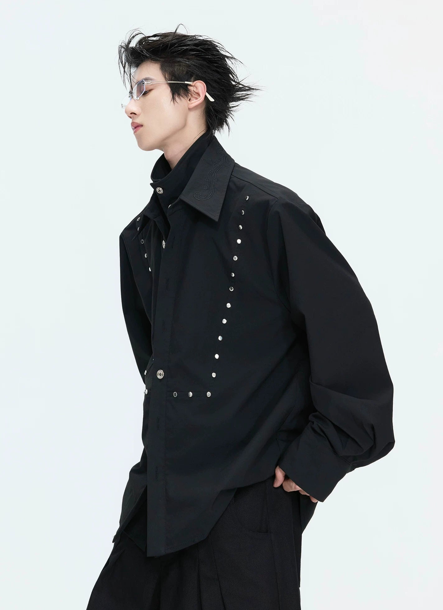 【26s May】Linen Blend Layered Studded Embroidered Shirt
