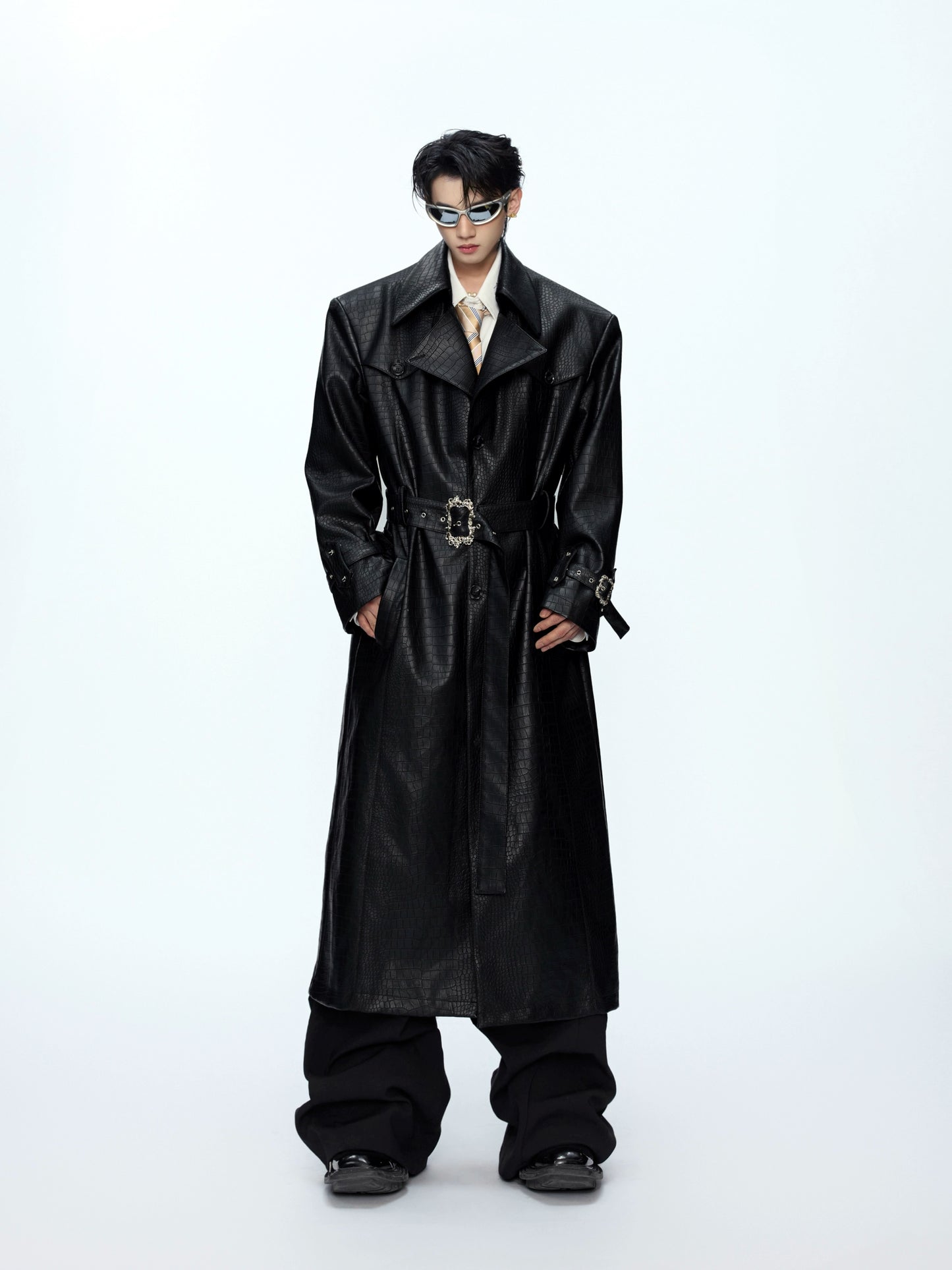【25s Sep.】Deconstructed Crocodile-effect Metal Buttons Leather Coat