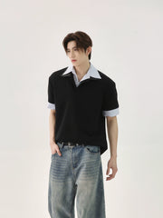 【25s Aug.】Patchwork Striped POLO Collar Shirt T-Shirt