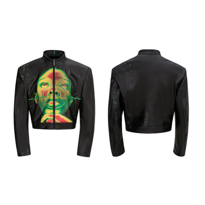 【25s Oct.】Portrait Print Cropped Leather Jacket