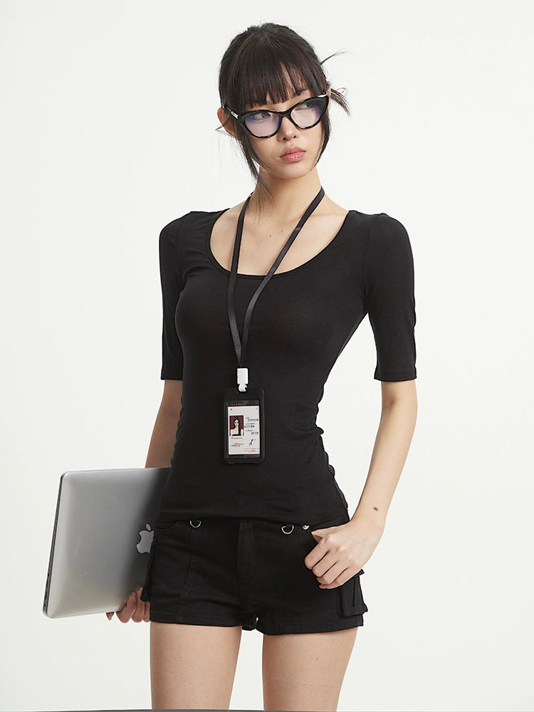 【25s Aug.】Black U-Neck Structured Shoulder Casual T-Shirt