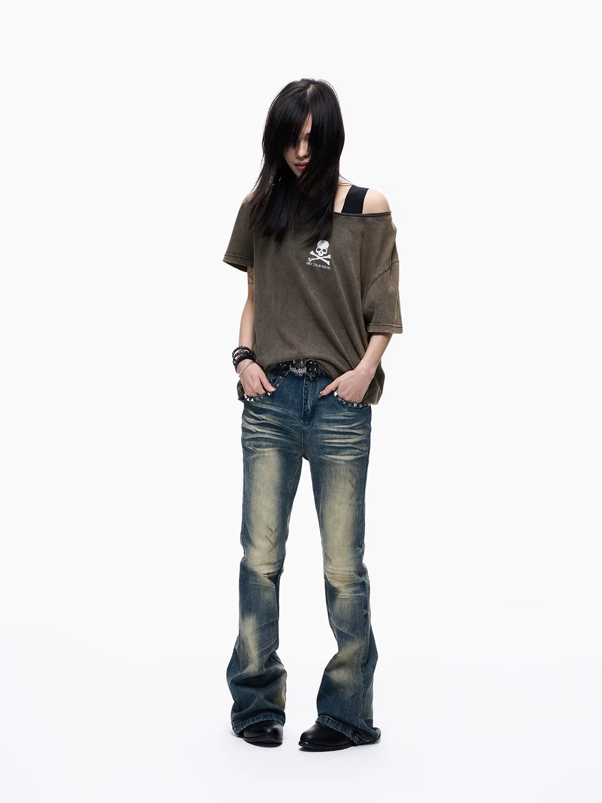 Skull Graphic Layered Off-Shoulder Tee